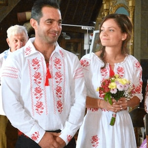 Traditional Romanian Wedding Costumes &quot; Ana &quot; -  Set for him and her /  manual sewn embroidery / National Romanian costume