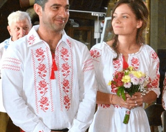 Traditional Romanian Wedding Costumes &quot; Ana &quot; -  Set for him and her /  manual sewn embroidery / National Romanian costume