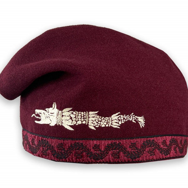 Traditional Dacic Hat " Dacic Wolf " - Cloth and Wool material / handmade / Free Gift - Romanian handmade wine cup / Grain Color