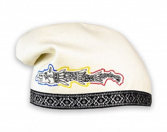 Sombrero tradicional Dacic &quot;Lobo Dacic&quot; color crema - Tejido de tela y lana / Hecho a mano / Regalo - Copa de vino rumana artesanal