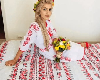 Traditional Romanian Wedding Dress &quot;Ana&quot; / manual sewn embroidery / Free Gift - Romanian handmade wine cup / National Romanian costume