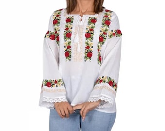 Traditional Romanian Shirt ''IE Fatima 27" / manual sewn embroidery / Free Gift - Romanian handmade wine cup