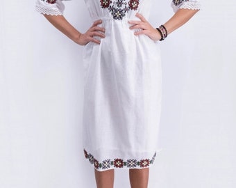 Traditional Romanian Shirt Dress"Sabina 3" / manual sewn embroidery / Free Gift - Romanian handmade wine cup