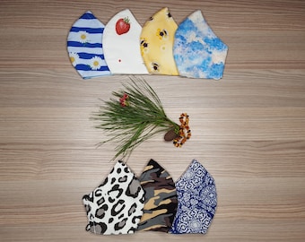 Gesichtsmaske 3 Lagen + Filtertasche VERSTELLBAR NasenDRAHT und weiche OhrSCHLAUFEN, Waschbar, Bienen, Camouflage. Hergestellt in Uk. Dreilagige 100% Baumwolle