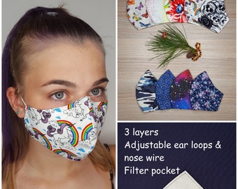 Gesichtsmaske 3 Lagen + Filtertasche VERSTELLBARER NasenDRAHT und weiche OhrSCHLAUFEN, waschbar wiederverwendbar. Hergestellt in Uk. Dreilagige 100% Baumwolle