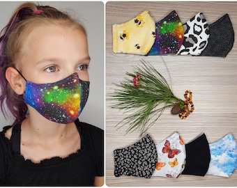 KINDER Gesichtsmaske 3 Lagen + Filtertasche VERSTELLBAR NasenBÜGEL und weiche Ohrschlaufen Riemen, Waschbar wiederverwendbar. Hergestellt in Uk 100% Baumwolle