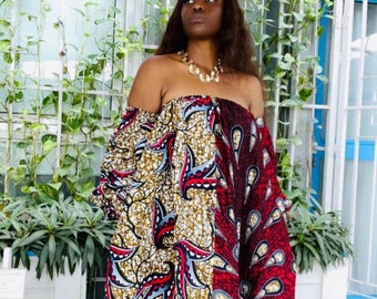 Vestidos Ankara/Vestido con hombros descubiertos y estampado Ankara/Vestido con mangas globo