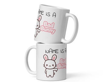 Taza blanca brillante personalizada de Bad Bunny