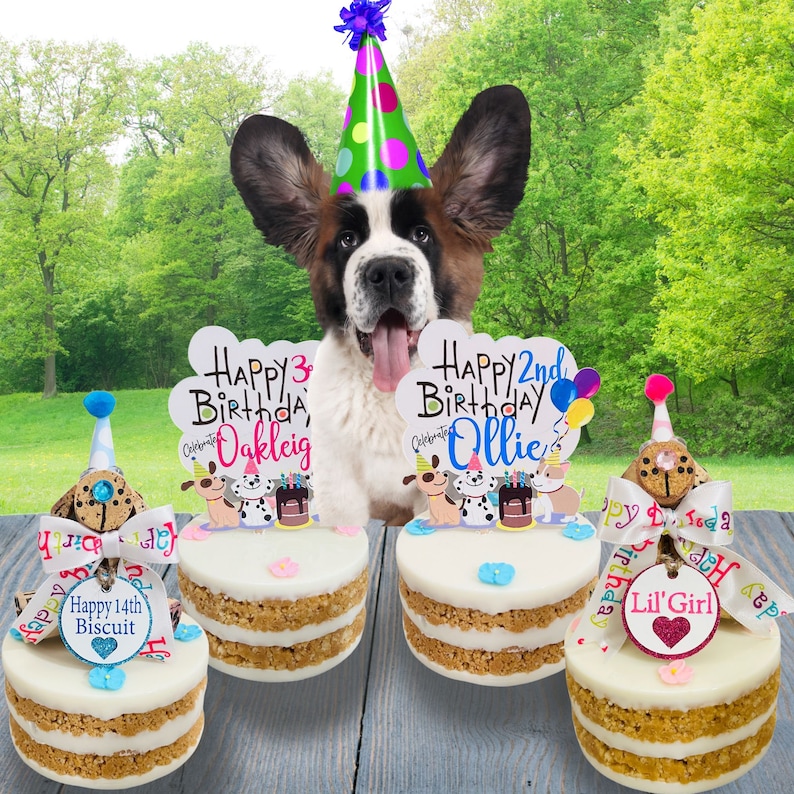 Group of peanut butter dog cakes with cork dog toppers and printed topper all personalized.