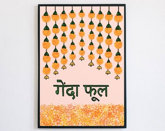 Indian Desi Hindi Poster | Indian Art Print | Marigold Ghenda Phool Print | Wall Decor Print | Marigold Flower Art | Floral Art Illustration