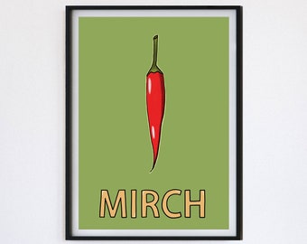 Indian Desi Poster | Indian Wall Art | 'Mirch' Chilli Print | Wall Decor Print | Kitchen Printable | Herb & Spices Prints | Botanical Print