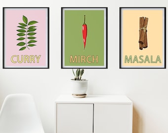 Indian Art Print | Desi Art | Indian Wall Decor Print | Set of 3 'Curry Mirch Masala' Print | Kitchen Printable Art | Herb & Spices Prints