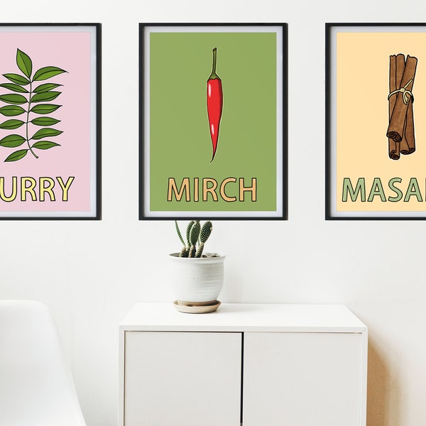 Indian Art Print | Desi Art | Indian Wall Decor Print | Set of 3 'Curry Mirch Masala' Print | Kitchen Printable Art | Herb & Spices Prints