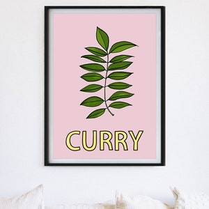 May include: A framed print with a pink background featuring a green curry leaf and the word "CURRY" in yellow letters.