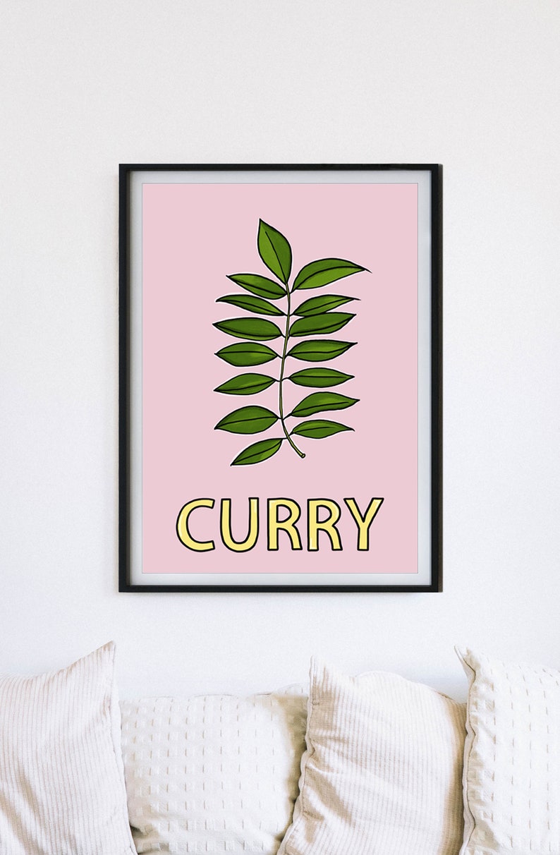 May include: A framed print with a pink background featuring a green curry leaf and the word "CURRY" in yellow letters.