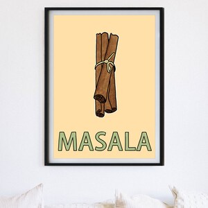 May include: A framed print with a yellow background featuring a cartoon illustration of a bundle of cinnamon sticks tied together with twine. The text "MASALA" is written in green letters below the cinnamon sticks.