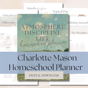Puede incluir: Una descarga digital para un planificador de escuela en casa de Charlotte Mason. El planificador presenta una pintura de acuarela de un cielo azul con nubes blancas y un campo verde. El texto "Atmosphere Discipline Life Homeschool Planner" está escrito en cursiva negra.