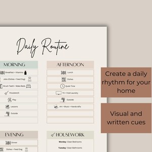 May include: A printable daily routine planner with a light green, light brown, and white color scheme. The planner is divided into three sections: Morning, Afternoon, and Evening. Each section has a list of activities with icons. The planner also includes a section for housework with a list of chores for each day of the week.