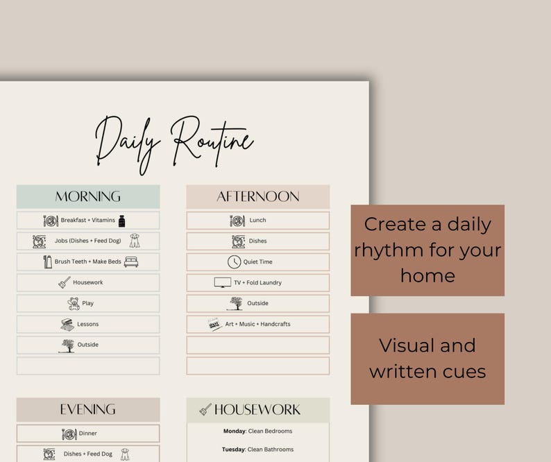 May include: A printable daily routine planner with a light green, light brown, and white color scheme. The planner is divided into three sections: Morning, Afternoon, and Evening. Each section has a list of activities with icons. The planner also includes a section for housework with a list of chores for each day of the week.