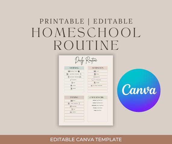 Homeschool Routine Chart Printable Editable Daily Routine Canva Template Customizable Homeschool Schedule Kids Routine Visual Checklist