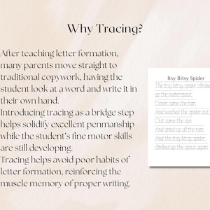 May include: Educational image with text explaining the benefits of tracing for children. The text includes the title "Why Tracing?" and bullet points. A small page shows the lyrics to "Itsy Bitsy Spider" in a tracing format.