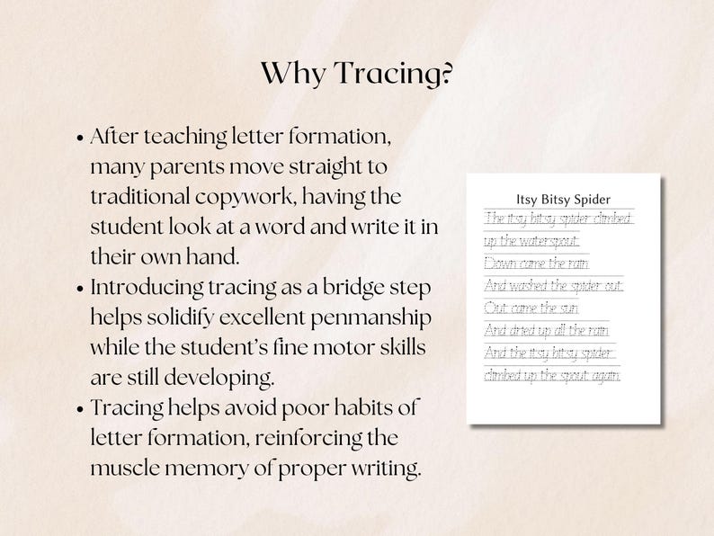 May include: Educational image with text explaining the benefits of tracing for children. The text includes the title "Why Tracing?" and bullet points. A small page shows the lyrics to "Itsy Bitsy Spider" in a tracing format.