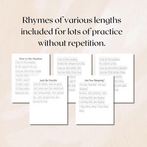 May include: A collection of printed nursery rhymes on white paper, including "Over in the Meadow," "Jack Be Nimble," and "Are You Sleeping?" The text is in a simple, easy-to-read font, with the title "Rhymes of various lengths included for lots of practice without repetition."