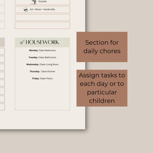 May include: A printable chore chart with a section for daily chores and a section for housework. The housework section lists chores for each day of the week, such as cleaning bedrooms, bathrooms, the living room, kitchen, and floors. The chart is designed to help families organize and assign tasks to each day or to particular children.