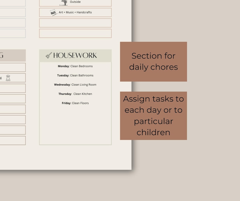 May include: A printable chore chart with a section for daily chores and a section for housework. The housework section lists chores for each day of the week, such as cleaning bedrooms, bathrooms, the living room, kitchen, and floors. The chart is designed to help families organize and assign tasks to each day or to particular children.