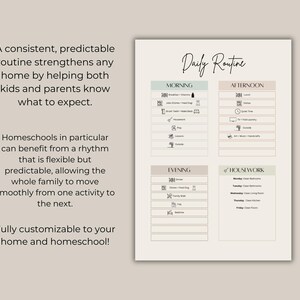 May include: A printable daily routine planner with sections for morning, afternoon, evening, and housework. The planner includes icons for activities like brushing teeth, playing outside, and making dinner. The text "Daily Routine" is at the top of the planner.