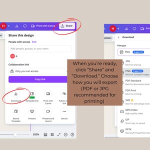 May include: Screenshot of a Canva design interface showing options to share, download, or print a design. The design is a purple and white graphic with the text "Share this design". The download options include PNG, JPG, PDF, and SVG.