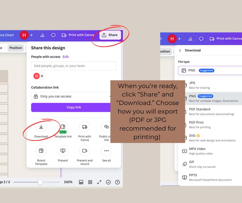 May include: Screenshot of a Canva design interface showing options to share, download, or print a design. The design is a purple and white graphic with the text "Share this design". The download options include PNG, JPG, PDF, and SVG.