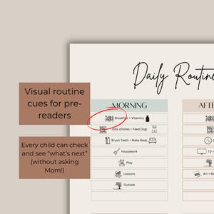May include: A printable daily routine chart with visual cues for pre-readers. The chart is divided into morning and afternoon sections with icons representing activities like breakfast, jobs, brushing teeth, play, lessons, lunch, quiet time, and more.