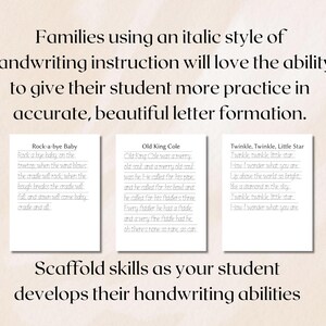 May include: Three white cards with handwritten nursery rhymes: "Rock-a-bye Baby", "Old King Cole", and "Twinkle, Twinkle, Little Star". The image promotes italic handwriting practice for students.