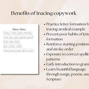 May include: A beige background with the text "Benefits of tracing copywork." A white paper displays a poem, "Mary, Mary, quite contrary." Bullet points list benefits like letter formation and grammar introduction.