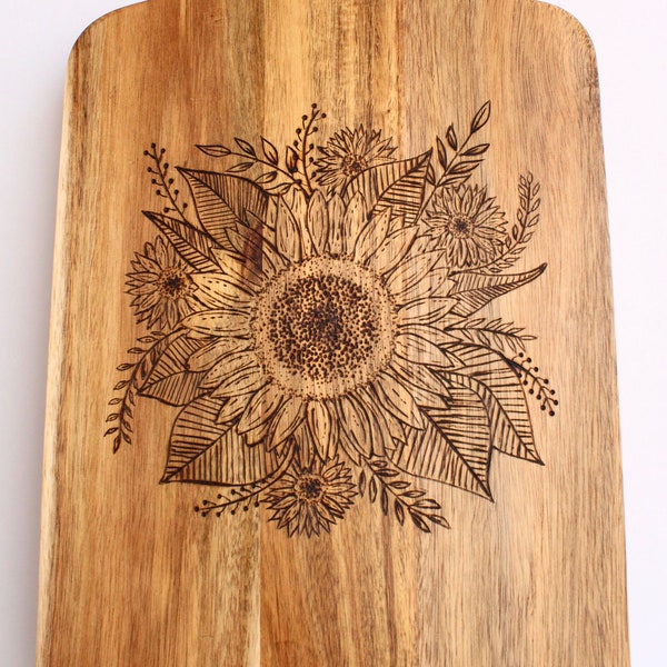 Wood Burned Sunflower Bouquet on a Wood Cutting Board | Decorative Charcuterie Paddle Board | Handmade Wood Burning Art