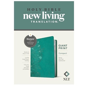 May include: A teal-colored Holy Bible with the text "HOLY BIBLE new living TRANSLATION." The book has a floral design and the words "GIANT PRINT" and "Compact" are visible. The cover reads "Peony Rich Teal LeatherLike".