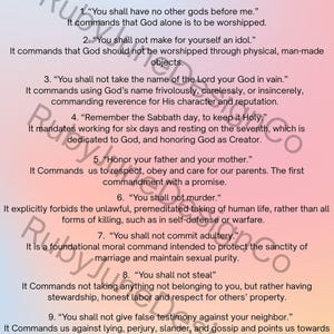Peut inclure: Affiche des 10 Commandements, tirés d'Exode 20:17, avec chaque commandement et son explication. Le texte noir se détache sur un fond dégradé rose et bleu clair. Un article religieux.