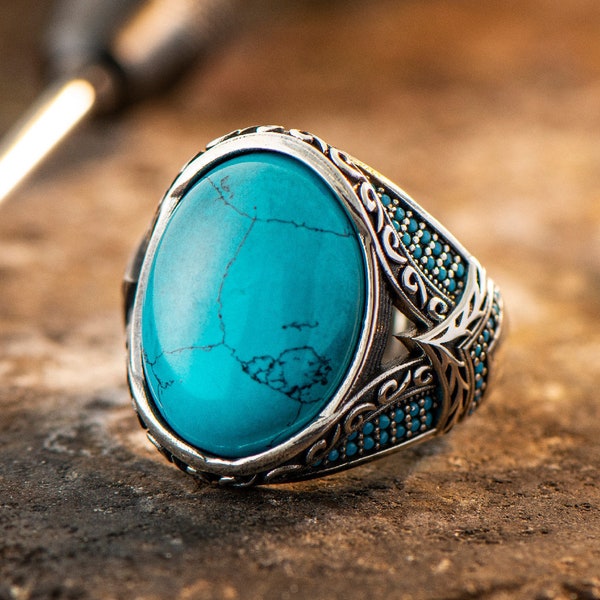 Mens Handmade Ring, Turquoise Men Silver Ring, Oval Gemstone Ring, 925 Sterling Silver Men Ring, Men Engraved Ring, Anniversary Gifts