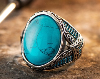 Mens Handmade Ring, Turquoise Men Silver Ring, Oval Gemstone Ring, 925 Sterling Silver Men Ring, Men Engraved Ring, Anniversary Gifts