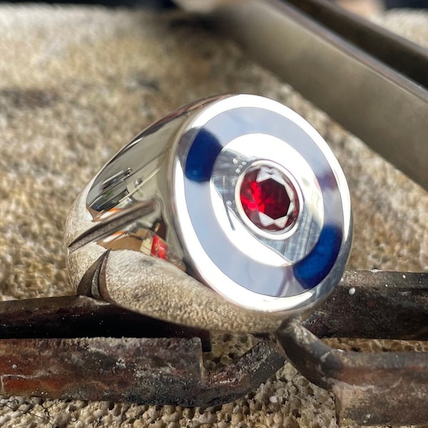 Archery Target Board Design Silver Ring, Red Zircon and Blue Enamel Men Ring, 925 Silver Ring, Shiny Silver Men Ring, Gift for Father's Day