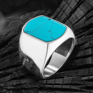 Flat Cut Turquoise Mens Ring, 925 Sterling Silver Ring, Men Shiny Silver Ring, Turquoise Stone Handmade Ring, Valentine's Day Gift for Him
