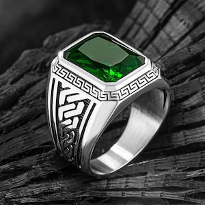 Ancient Greek Mythology Ring, Green Zircon Mens Handmade Ring, Emerald Cut Stone Men Ring, Men Silver Jewelry, Anniversary Gift for Husband
