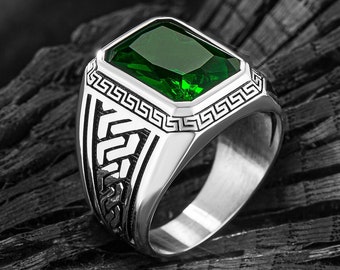 Ancient Greek Mythology Ring, Green Zircon Mens Handmade Ring, Emerald Cut Stone Men Ring, Men Silver Jewelry, Anniversary Gift for Husband