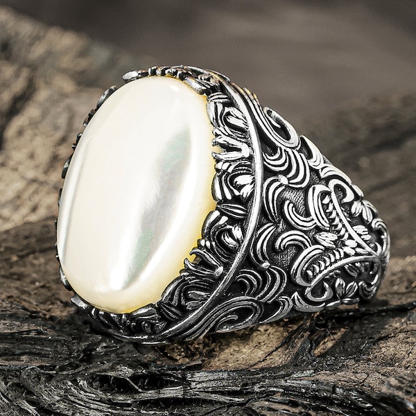 Oxidized Silver Men Ring, Engraved Men Silver Ring, Cabachon White Mother of Pearl Gemstone Ring, 925 Sterling Silver Ring, Gift for Fathers