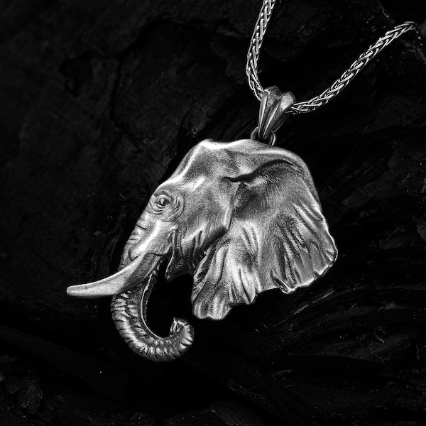 African Elephant Head Necklace, 925 Sterling Silver Oxidized Animal Pendant, Men and Women Silver Jewelry, Gift for Animal Lover Bestfriend