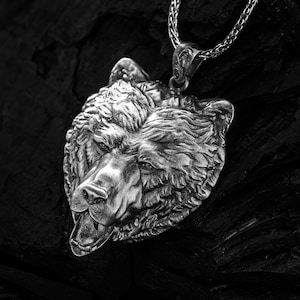 Grizzly Bear Head Silver Necklace, 925 Sterling Silver Pendant and Chain, Oxidized Men & Women Pendant, Silver Jewelry, Gift for Boyfriend