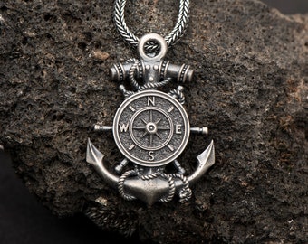 Silver Anchor Pendant with Compass, Oxidized Silver Nautical Anchor Necklace, 925k Sterling Mens Pendant, Father's Day Gift for Him