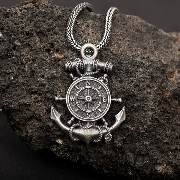 Silver Anchor Pendant with Compass, Oxidized Silver Nautical Anchor Necklace, 925k Sterling Mens Pendant, Father's Day Gift for Him