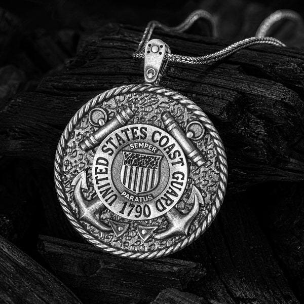 US Coast Guard Silver Necklace, USCG Pendant with 925 Chain, Semper Paratus Pendant, Necklace Gift for Men